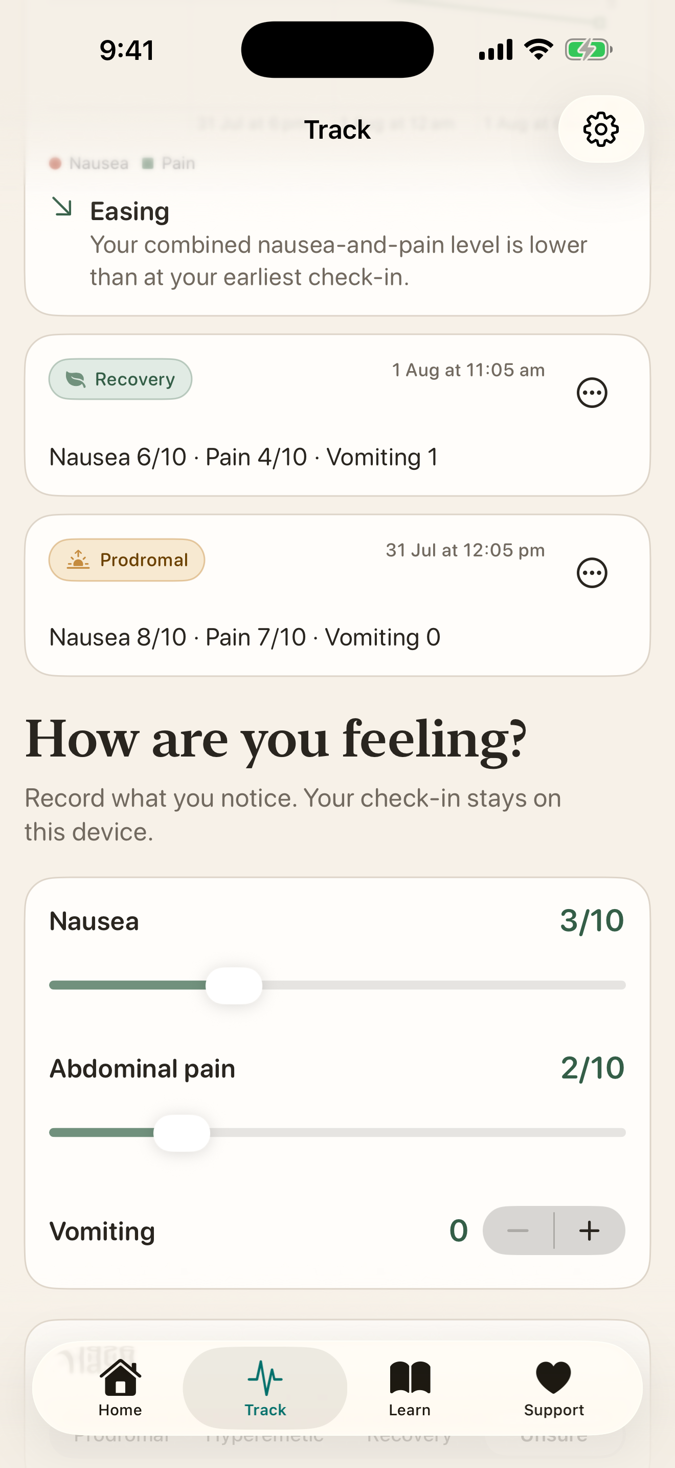 Symptom check-in with nausea, pain, vomiting, phase, triggers, and relief fields