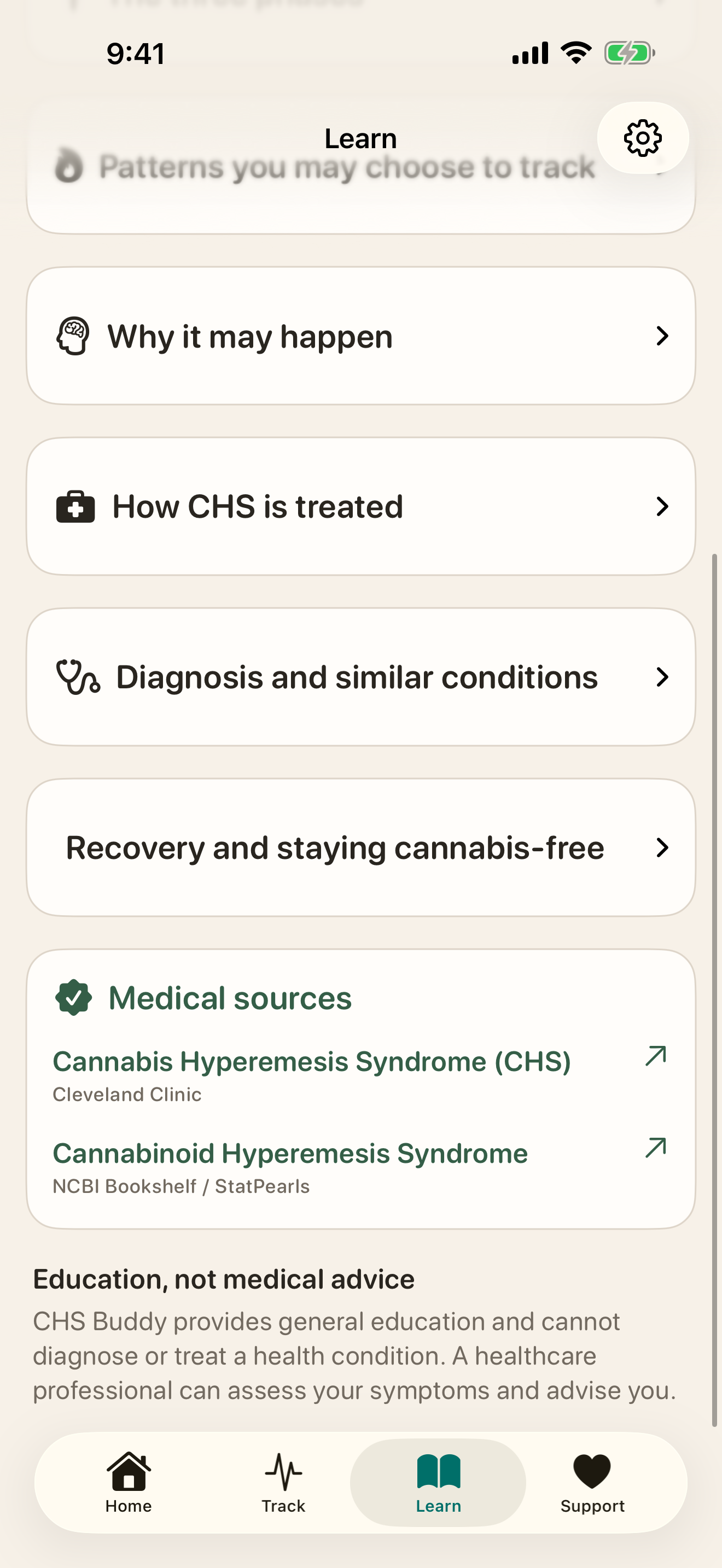 Source-backed CHS education inside the Learn tab