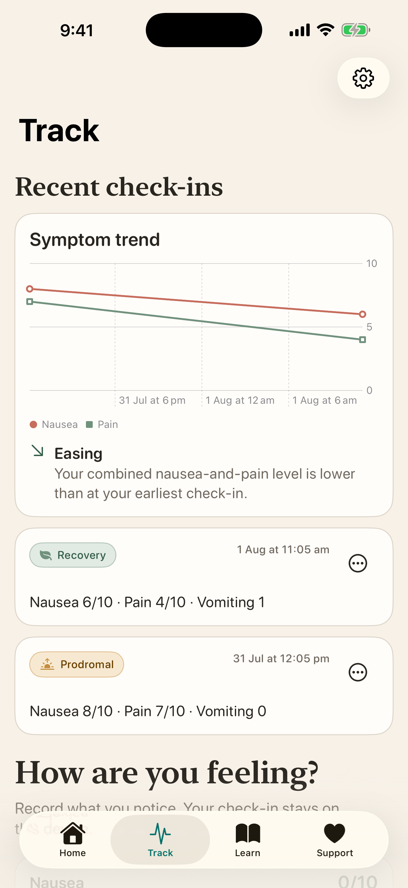 CHS Buddy check-in history and symptom trends
